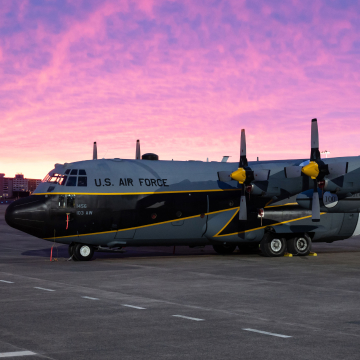 Air National Guard plane on a Connecticut airfield at sunset