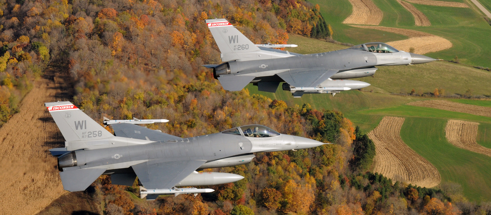 Fighter jets flying over fall foliage in Wisconsin